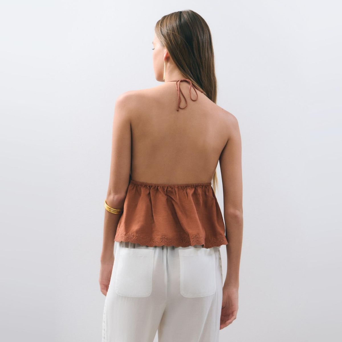 BROWNIE - Top Halter Lino Tricot Bordado Mujer Brownie