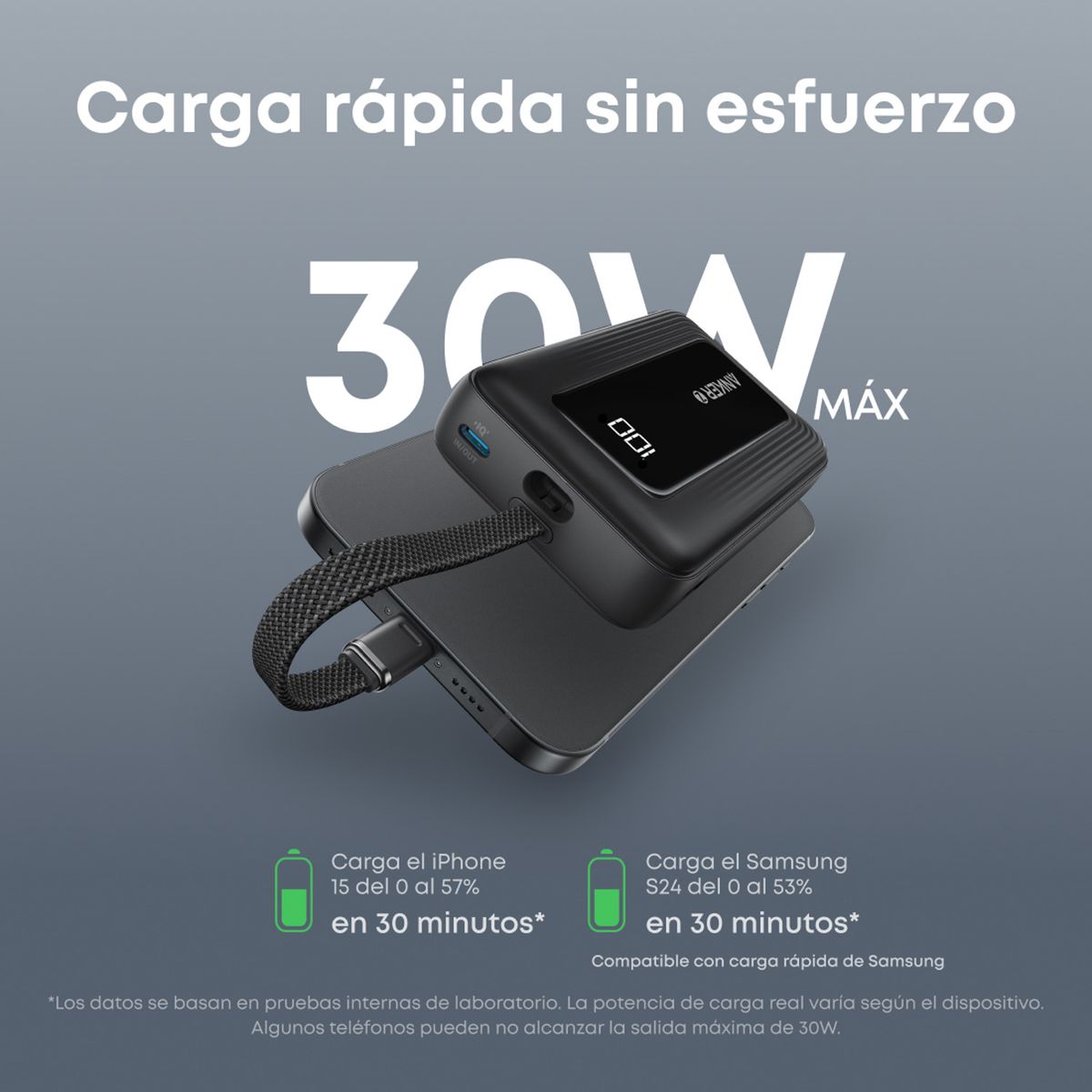 ANKER - Power Bank Compacto 10K 30W con Cable USB C Integrado Anker