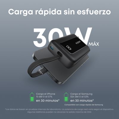 Imagen 2 del producto Power Bank Compacto 10K 30W con Cable USB C Integrado Negro