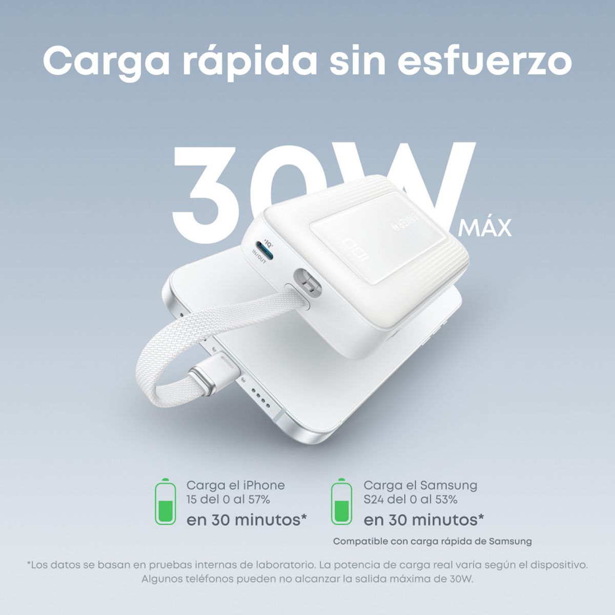 ANKER - Power Bank Compacto 10K 30W con Cable USB C Integrado Anker