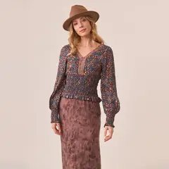 NKN - Blusa Estampada Bohemia Mangas Englobadas Mujer