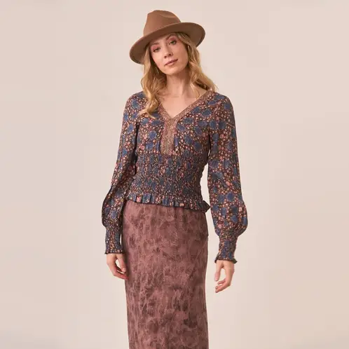 NKN - Blusa Estampada Bohemia Mangas Englobadas Mujer