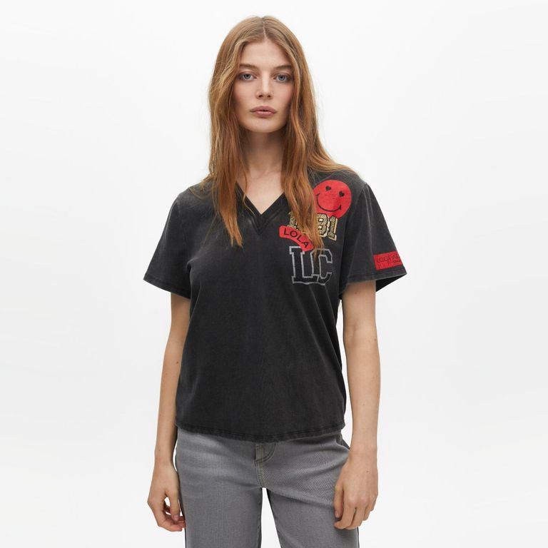 LOLA CASADEMUNT Polera Detalles Parches 100% Algodón Mujer