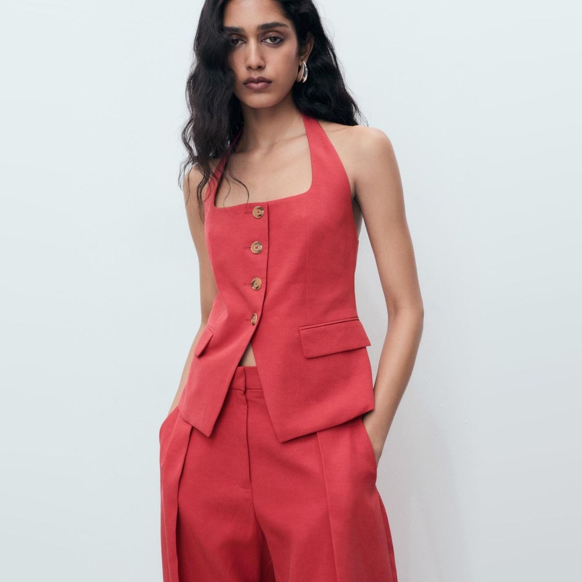 MANGO - Blazer Traje Mezcla Lino Mujer Mango