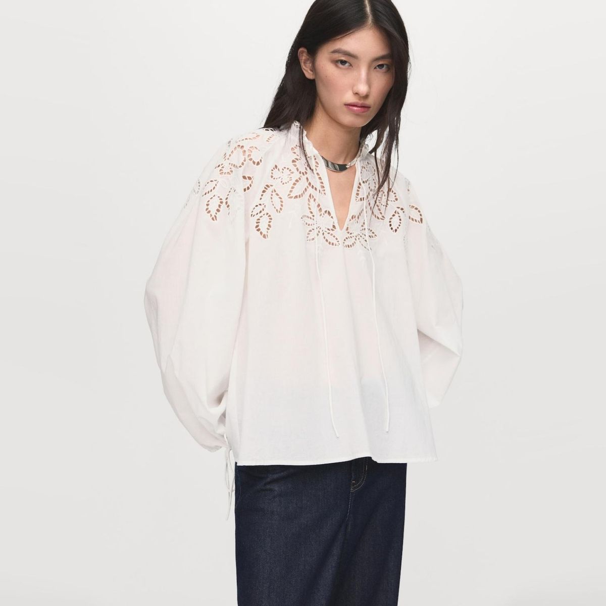 MANGO - Blusa Bordada Lazos Mujer Mango