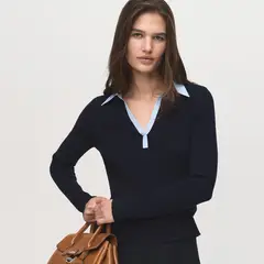 MANGO - Sweater Cuello Camisero Combinado Mujer