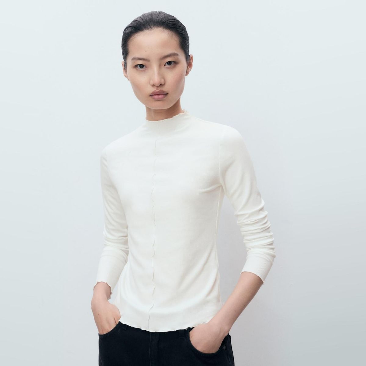 MANGO - Polera Canalé Terminaciones Festoneadas Mujer Mango