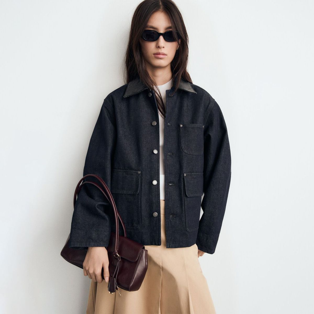 MANGO - Chaqueta Denim Cuello Efecto Piel Mujer Mango