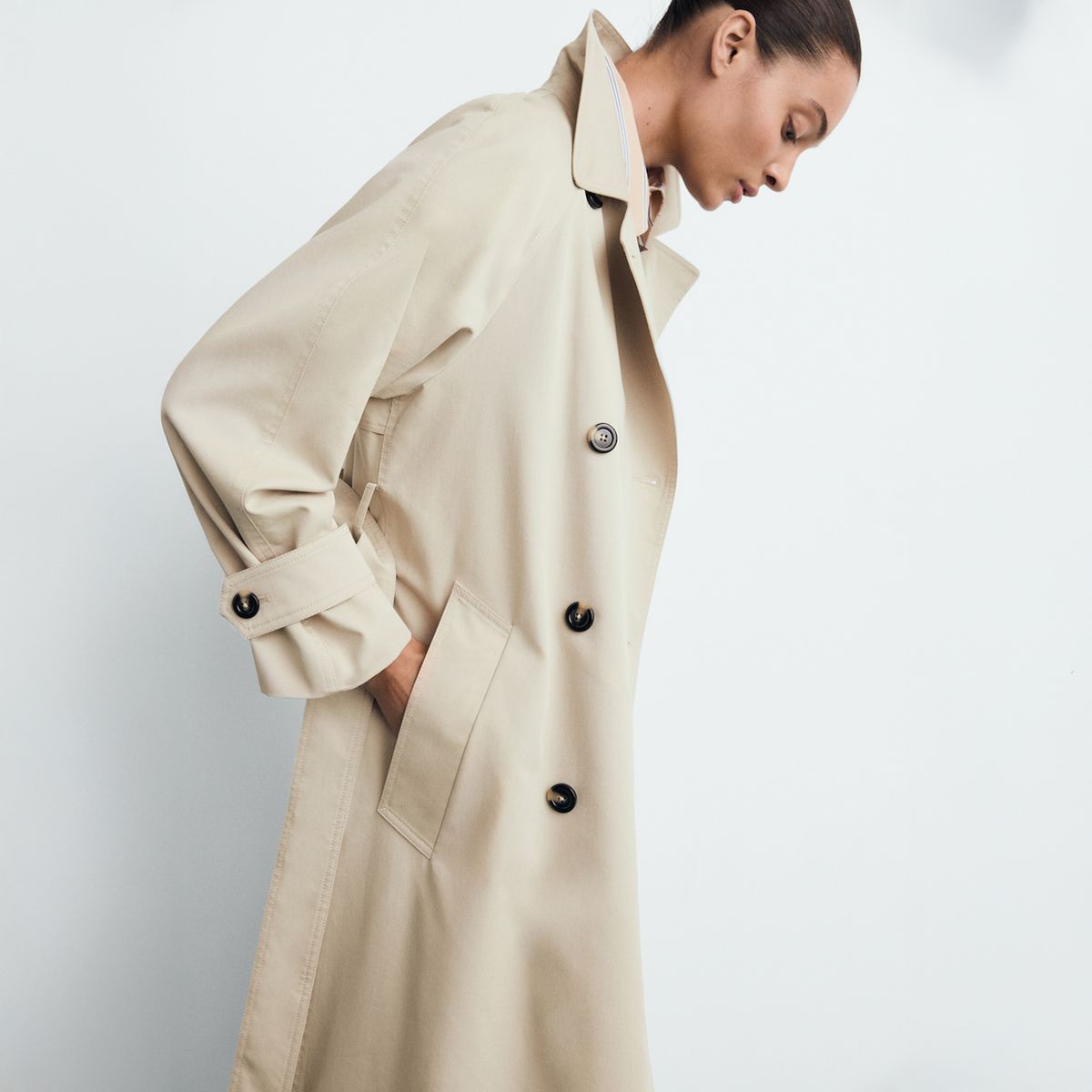 MANGO - Trench Largo Doble Botonadura Mujer Mango