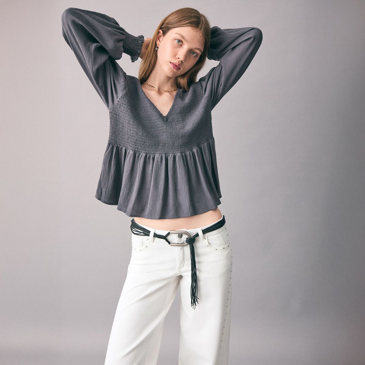 MANGO TEEN - Blusa Fluida Fruncida Mujer Mango Teen