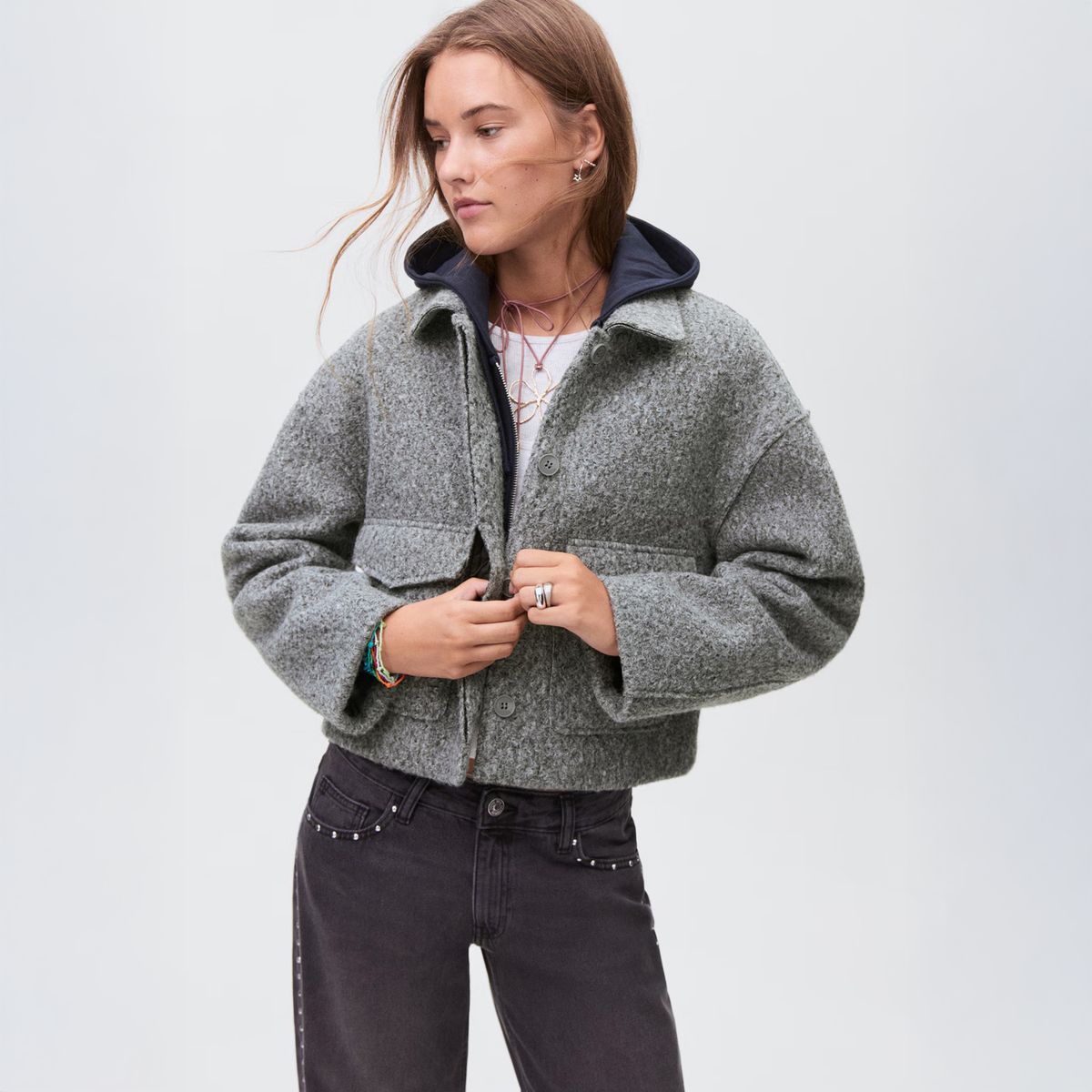 MANGO TEEN - Chaqueta Paño Bolsillos Solapa Mujer Mango Teen