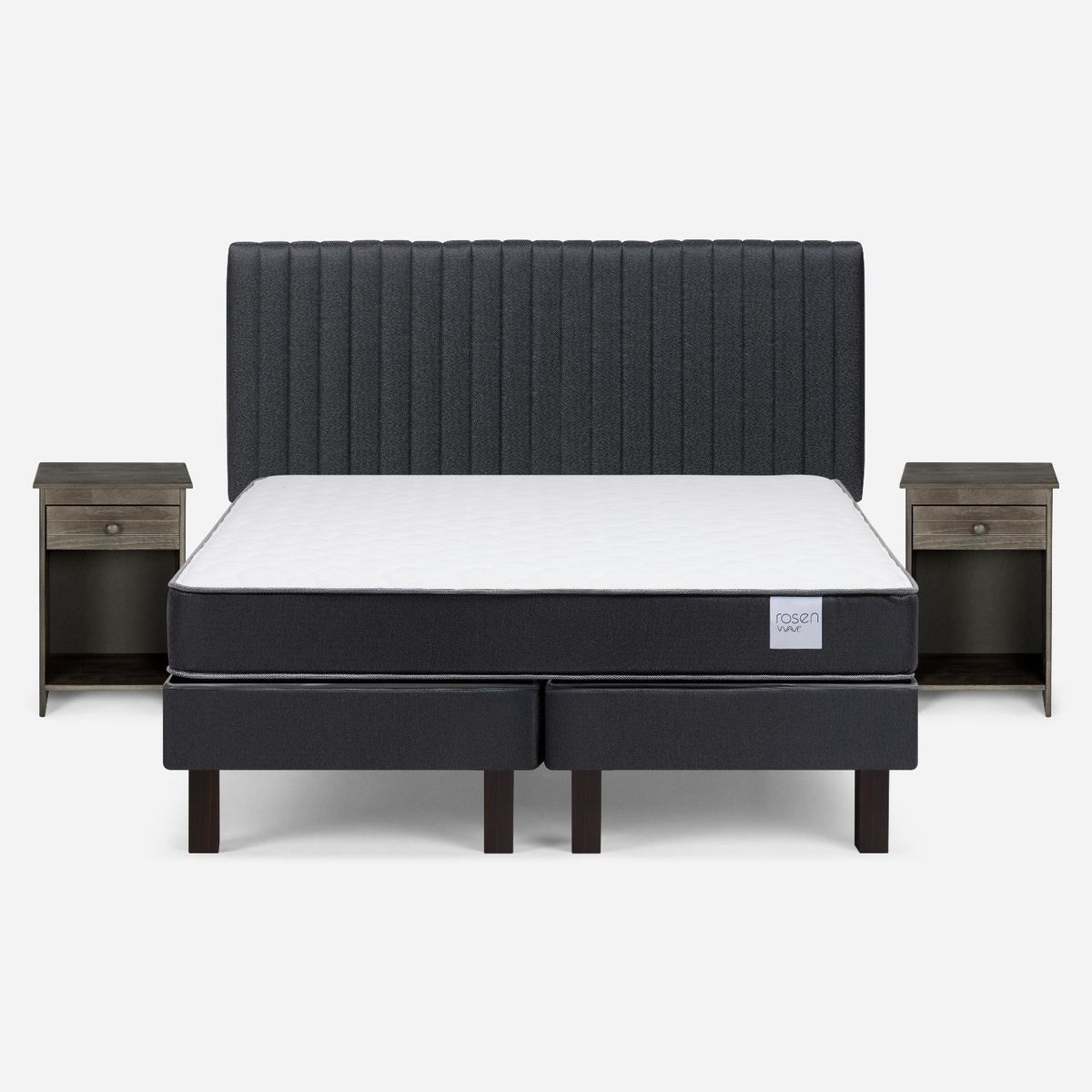 ROSEN - Cama Europea Wave 2 Plazas x 1.90 mt Base Dividida + Respaldo + 2 Veladores Rosen
