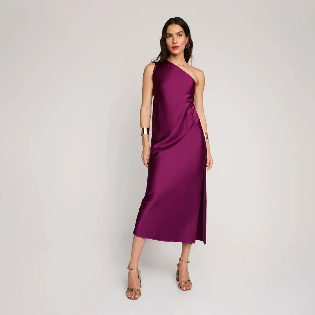 THE-ARE - Vestido Fiesta Satinado Midi Asimétrico Mujer The Are
