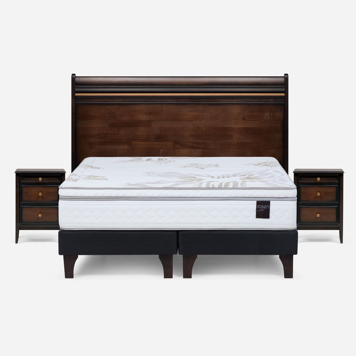 ROSEN - Cama Europea Art 4 2 Plazas x 2.00mt Base Dividida + Respaldo + 2 Veladores Rosen