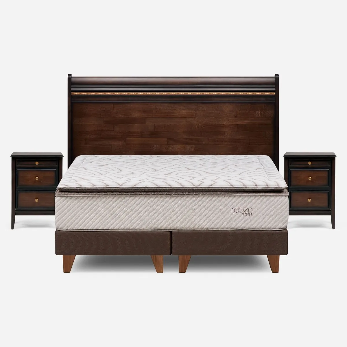 ROSEN - Cama Europea Nest 2 Plazas x 2.00mt Base Dividida + Respaldo + 2 Veladores Rosen