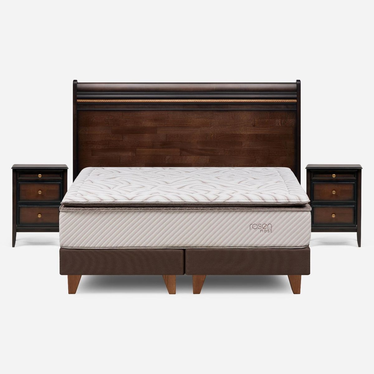 ROSEN - Cama Europea Nest 2 Plazas x 2.00mt Base Dividida + Respaldo + 2 Veladores Rosen