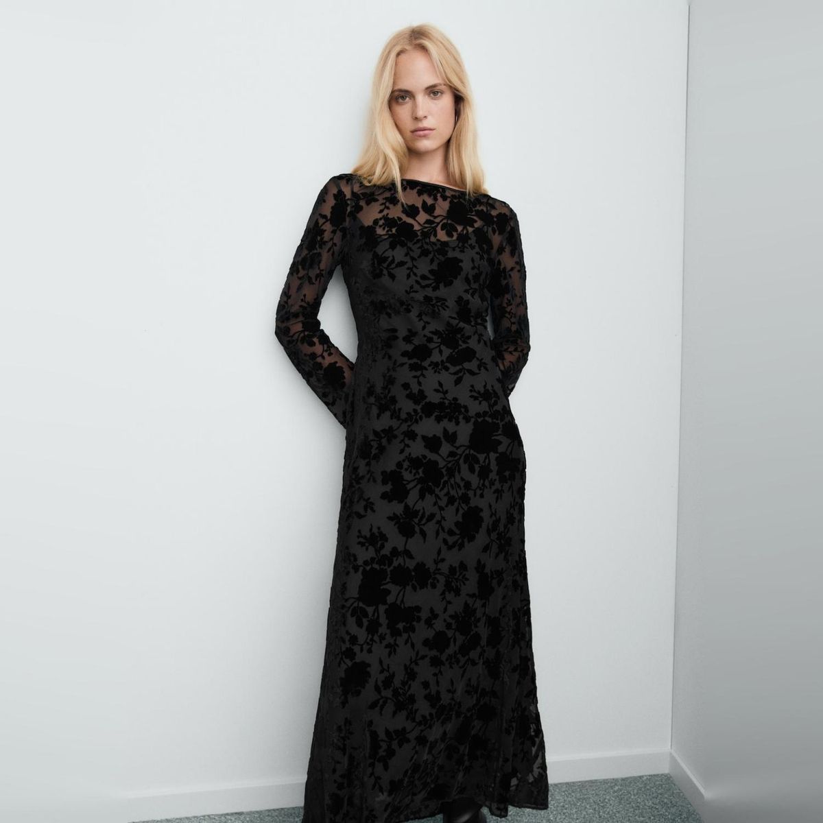 MANGO - Vestido Jacquard Floral Manga Acampanada Mujer Mango