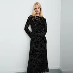 MANGO - Vestido Jacquard Floral Manga Acampanada Mujer