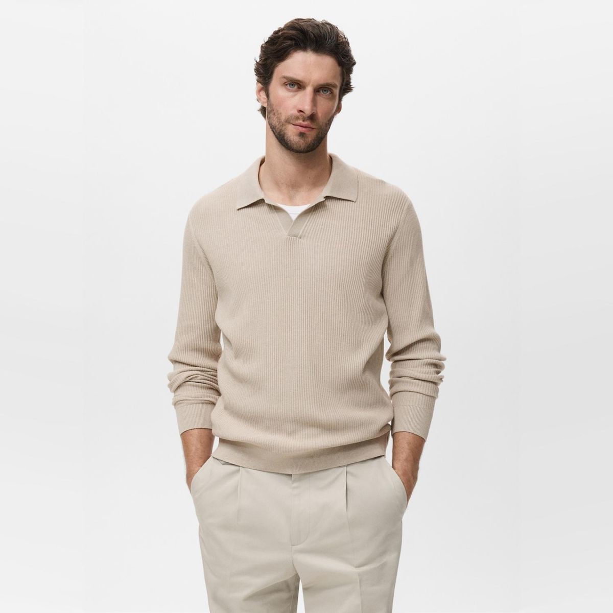 MANGO MAN - Sweater Polo Mezcla Algodón Canalé Hombre Mango Man