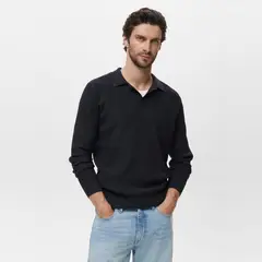 MANGO MAN - Sweater Polo Mezcla Algodón Canalé Hombre