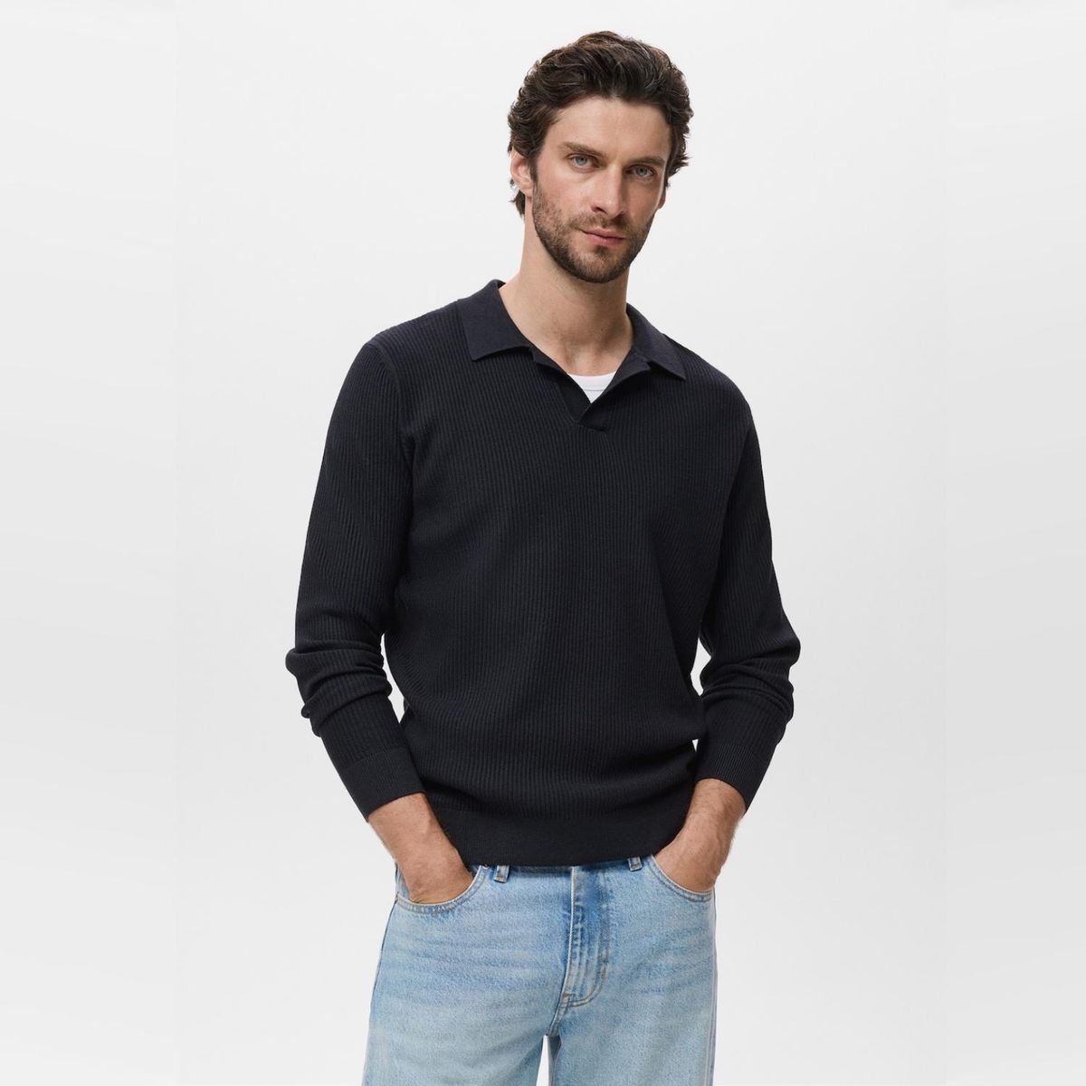 MANGO MAN - Sweater Polo Mezcla Algodón Canalé Hombre Mango Man