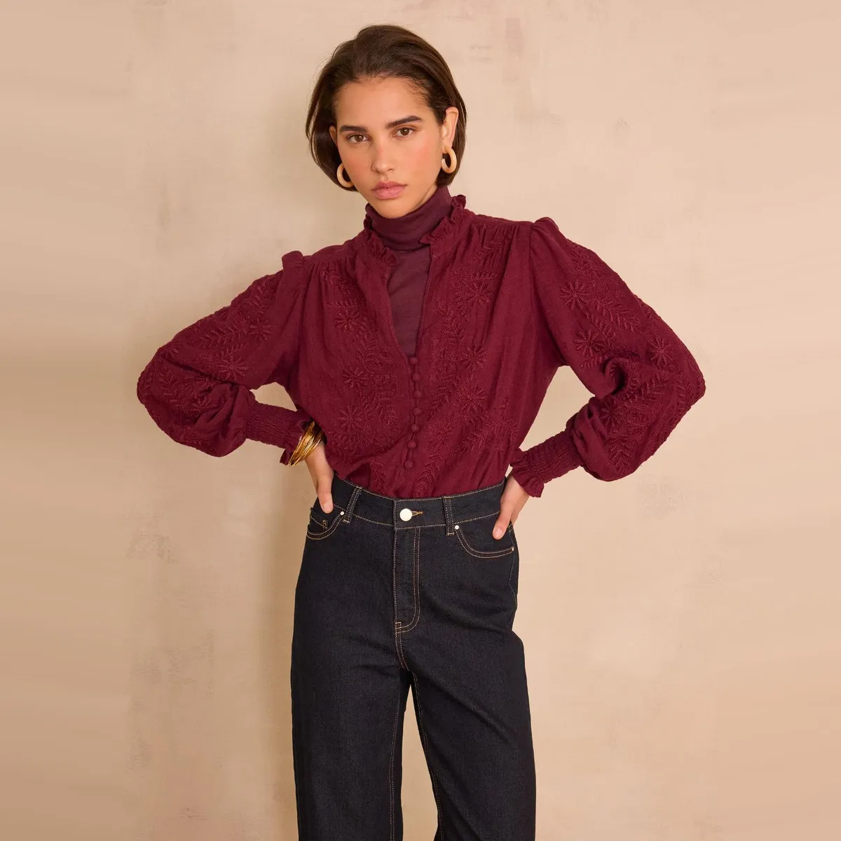 MAISON 123 - Blusa de Algodón Bordada con Cuello de Pico Mujer Maison 123