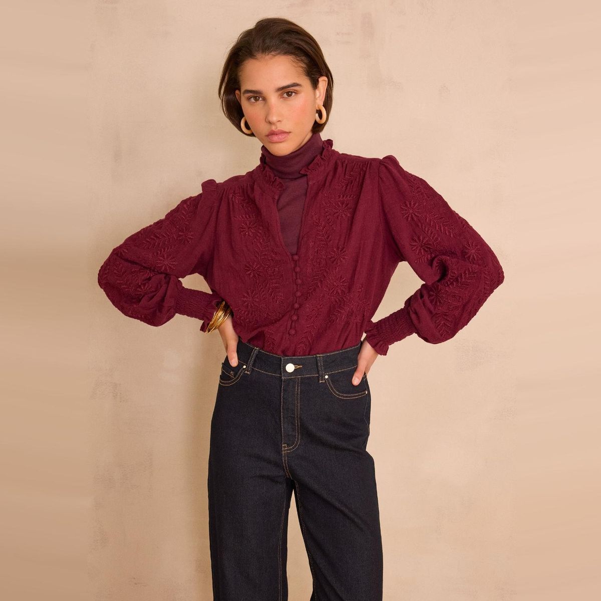 MAISON 123 - Blusa de Algodón Bordada con Cuello de Pico Mujer Maison 123