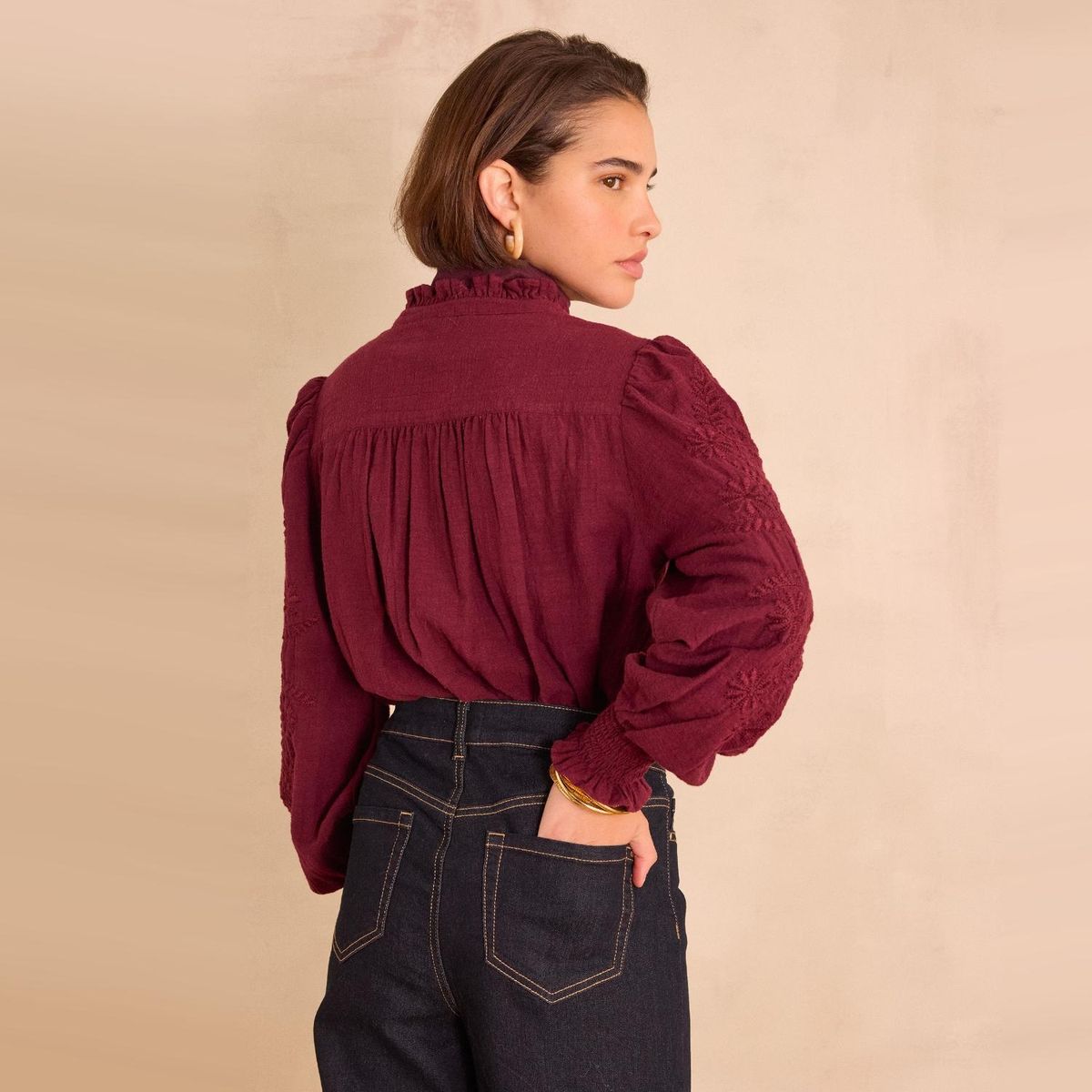 MAISON 123 - Blusa de Algodón Bordada con Cuello de Pico Mujer Maison 123