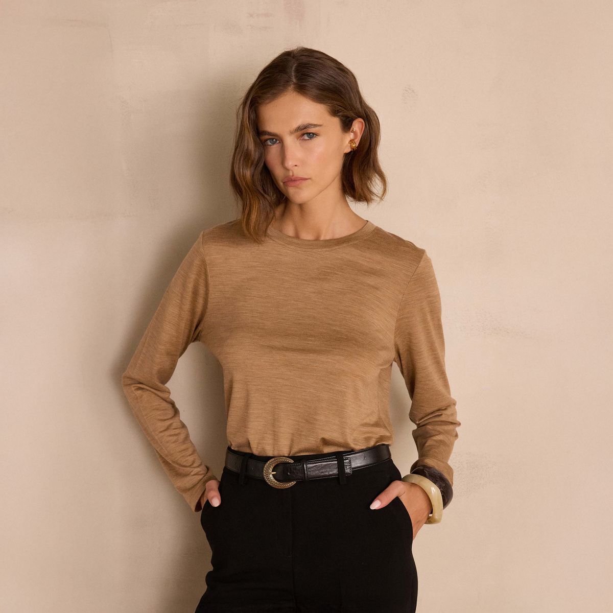 MAISON 123 - Polera Lisa Manga Larga 100% Lana Merino Mujer Maison 123