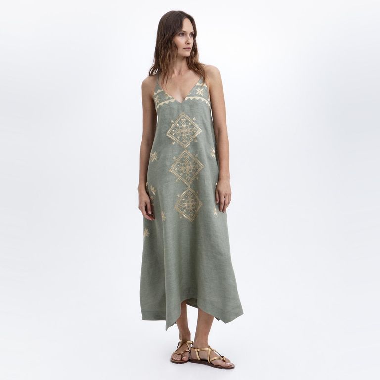 Vestido Bordados 100% Lino Mujer