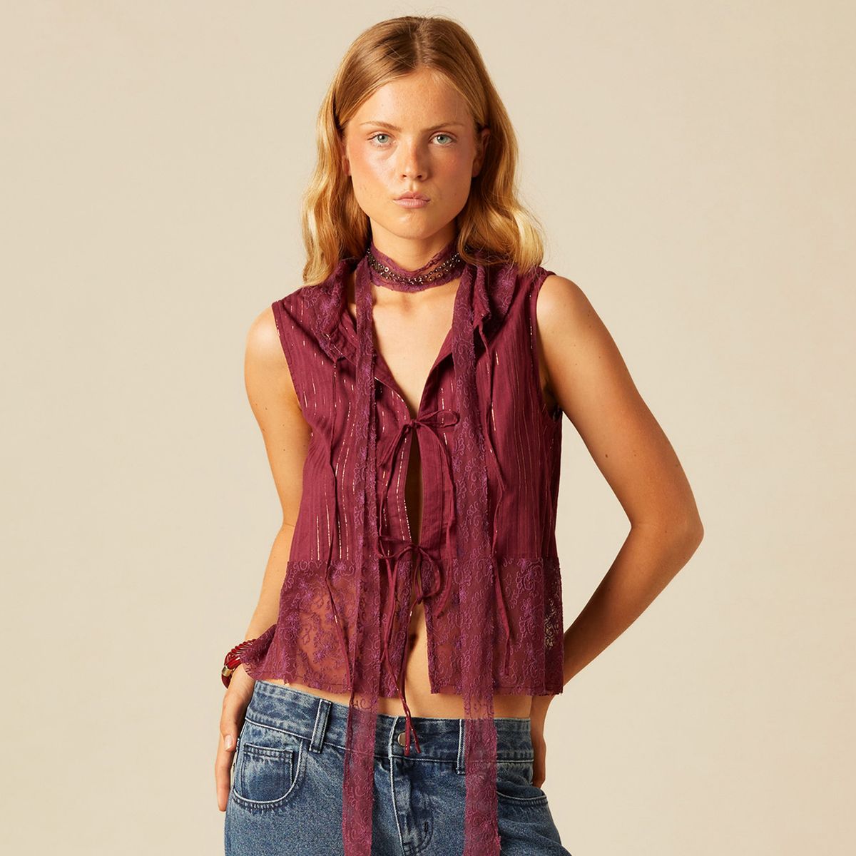 NICOLI - Top Lazos Encaje Mujer Nicoli