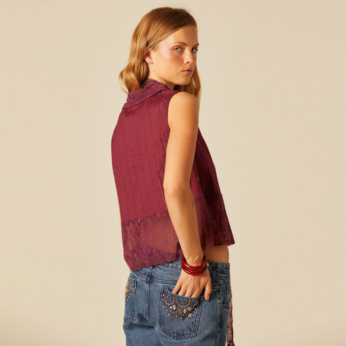 NICOLI - Top Lazos Encaje Mujer Nicoli