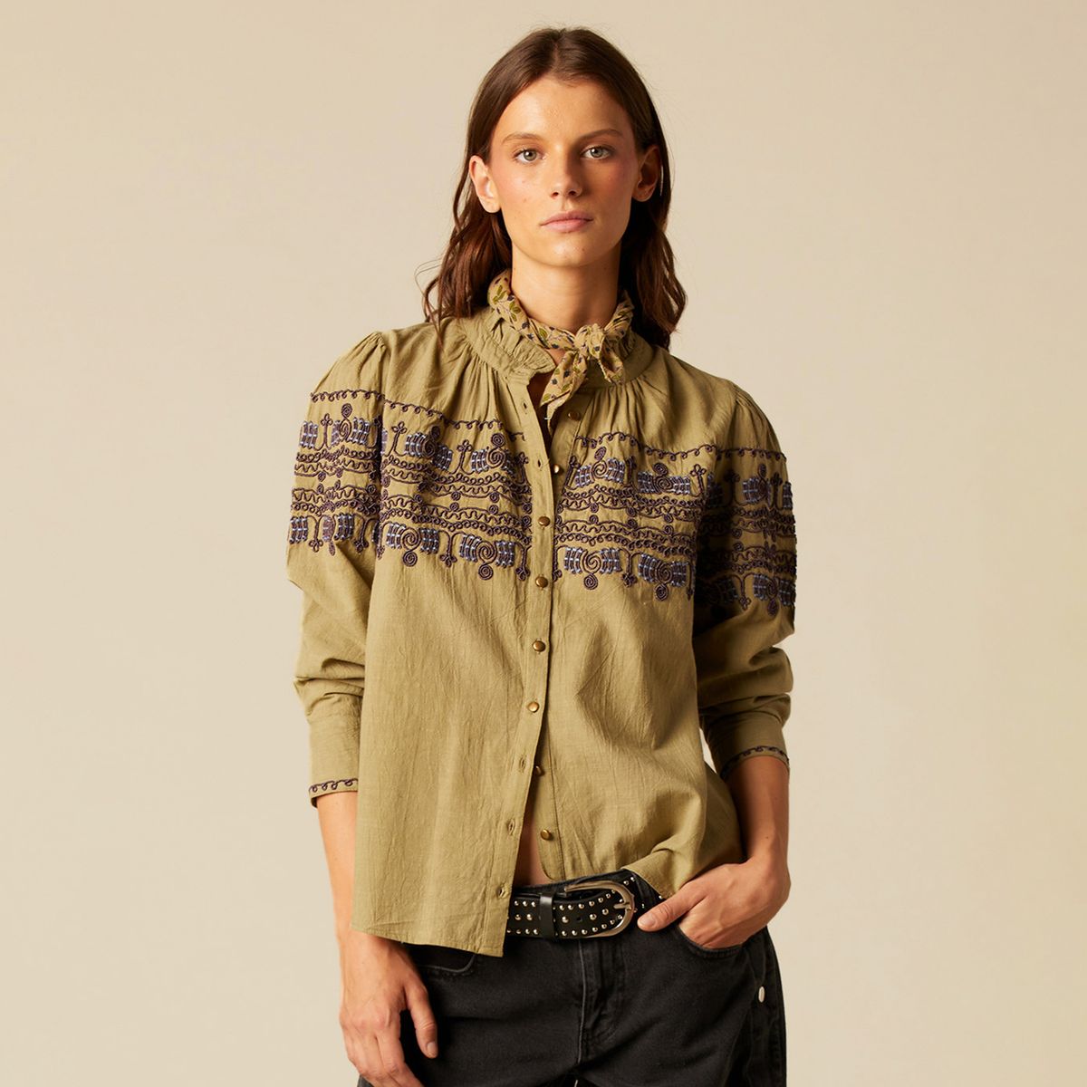 NICOLI - Blusa Olive Bordado Mujer Nicoli