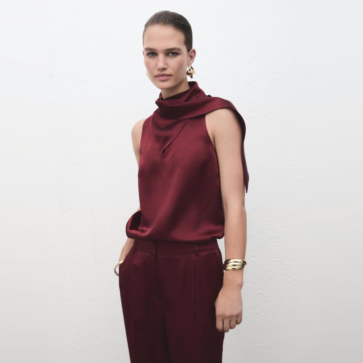 MANGO - Blusa Satinada Fular Mujer Mango