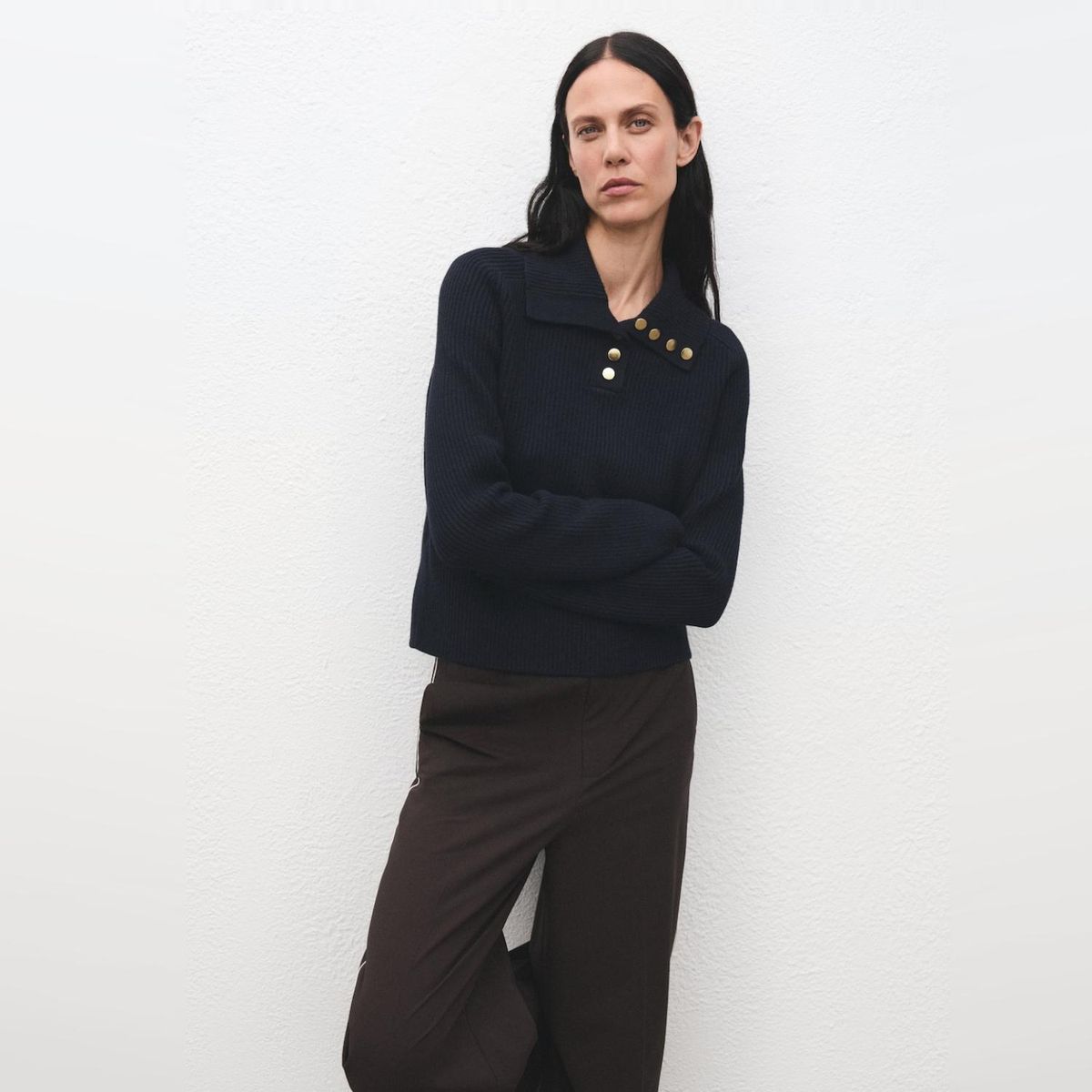 MANGO - Sweater Canalé Cuello Polo Botones Mujer Mango