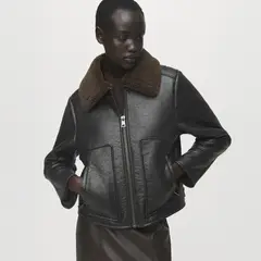 MANGO - Chaqueta Efecto Piel Cuello Borreguito Mujer