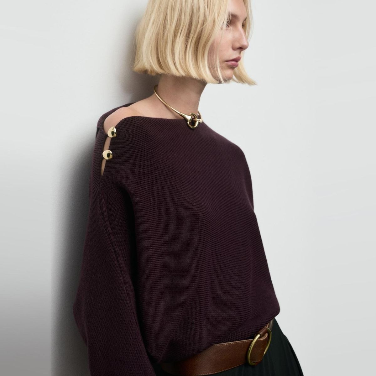 MANGO - Sweater Cuello Asimétrico Botones Joya Mujer Mango