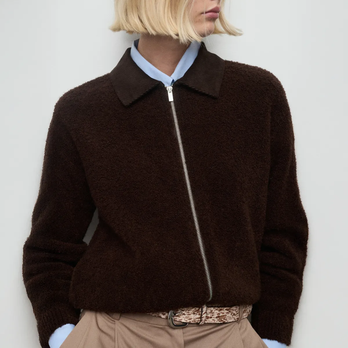 MANGO - Chaqueta Bouclé Cuello Pana Mujer Mango