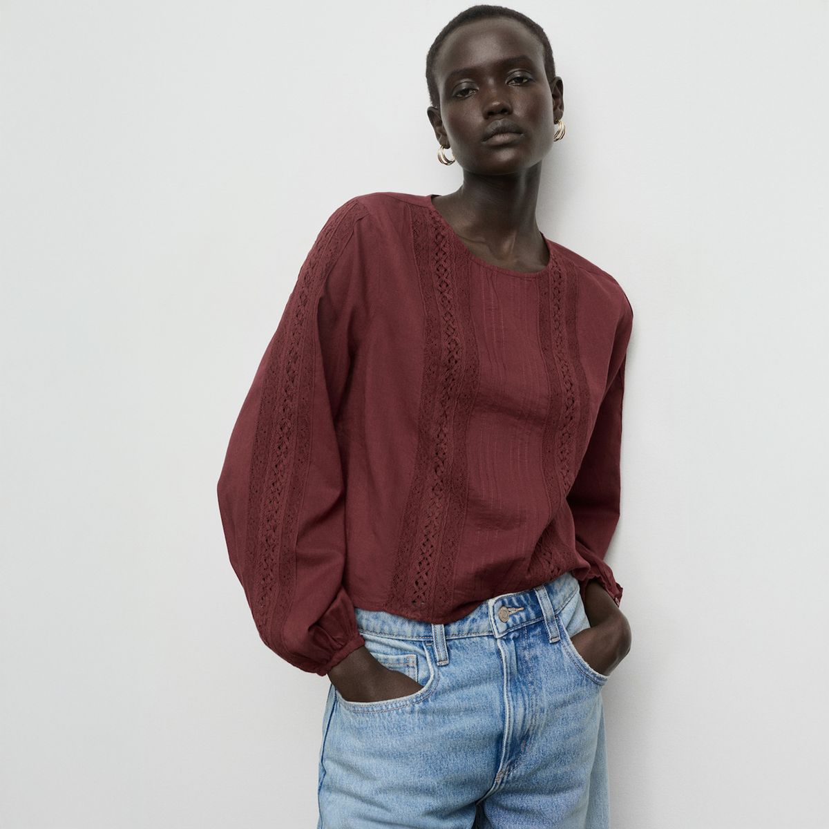 MANGO - Blusa Bordada Manga Abullonada Mujer Mango