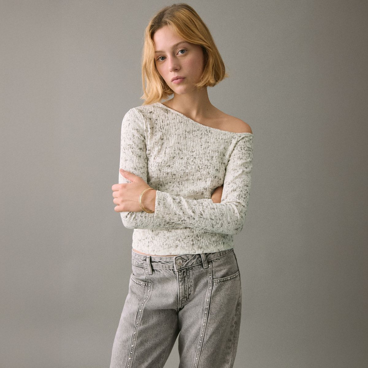 MANGO TEEN - Polera Jaspeada Cuello Asimétrico Mujer Mango Teens