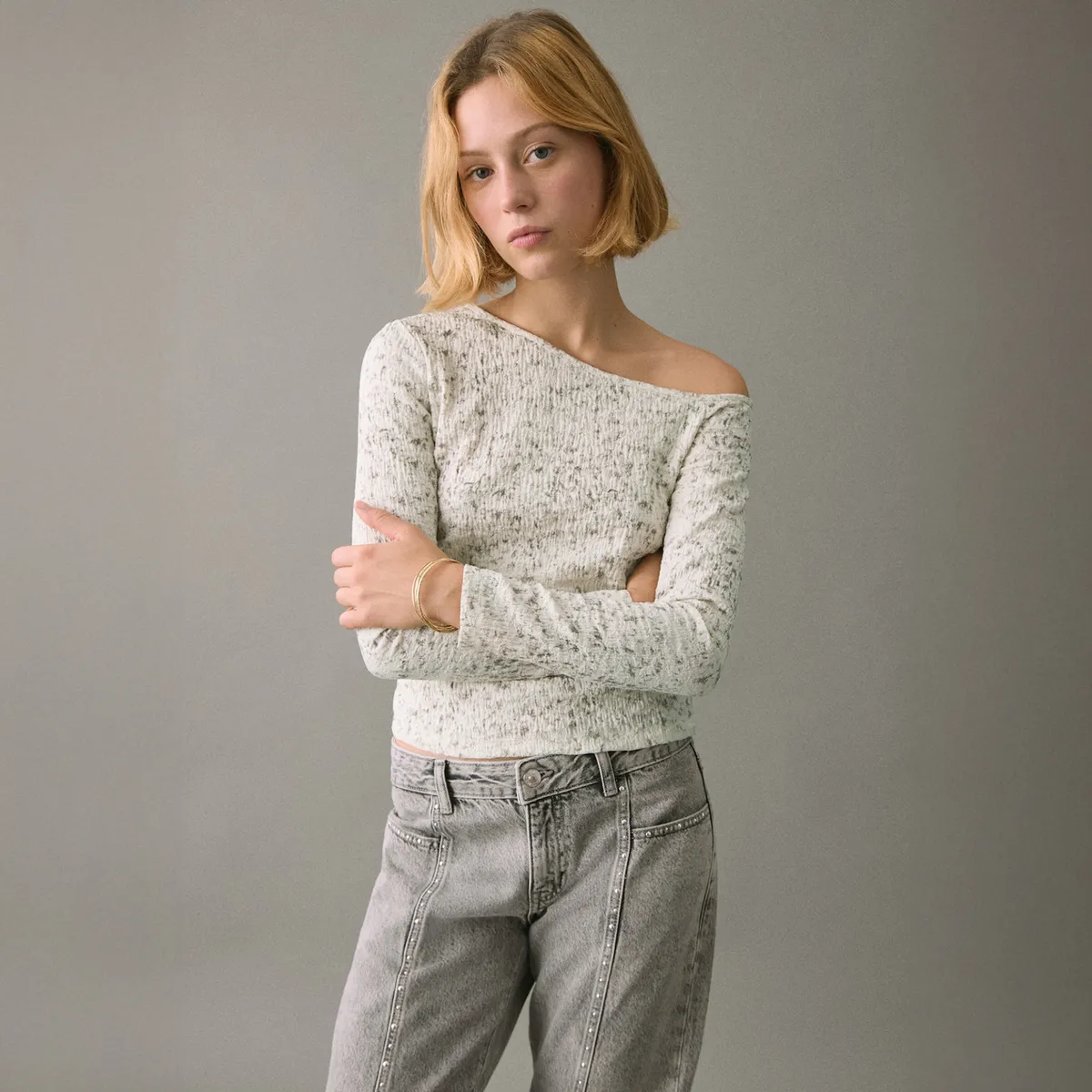 MANGO TEEN - Polera Jaspeada Cuello Asimétrico Mujer Mango Teens