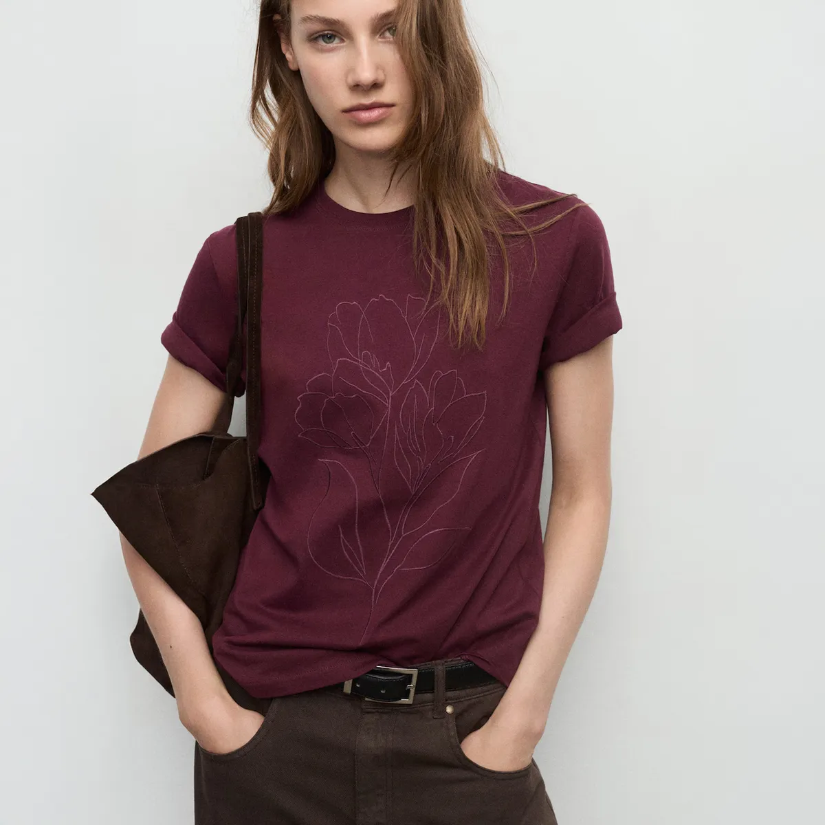 MANGO - Polera Algodón Bordado Floral Mujer Mango