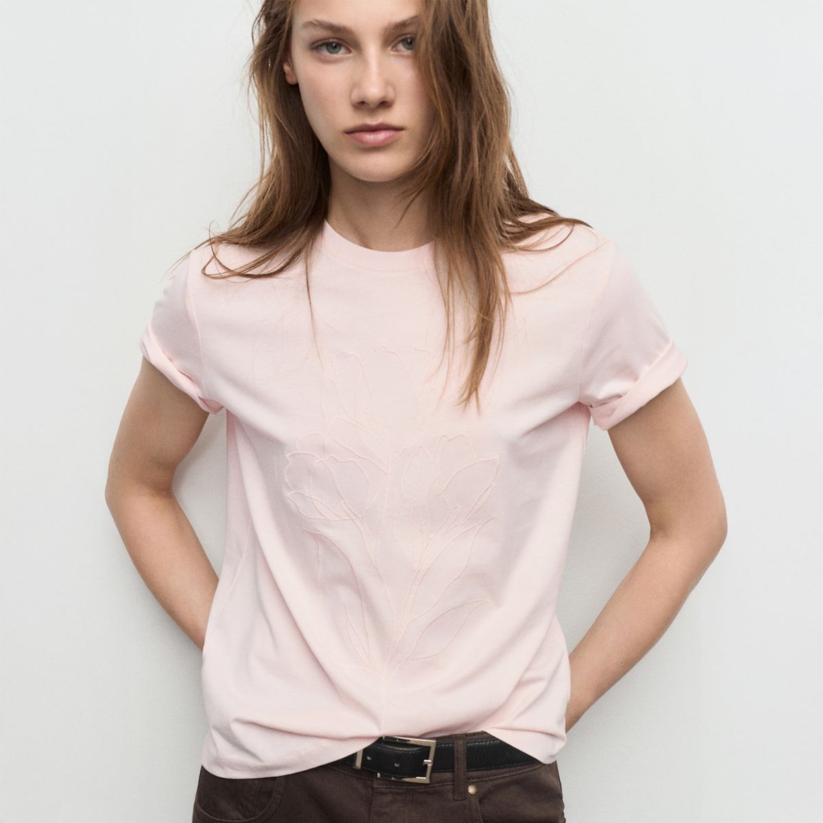 MANGO - Polera Algodón Bordado Floral Mujer Mango