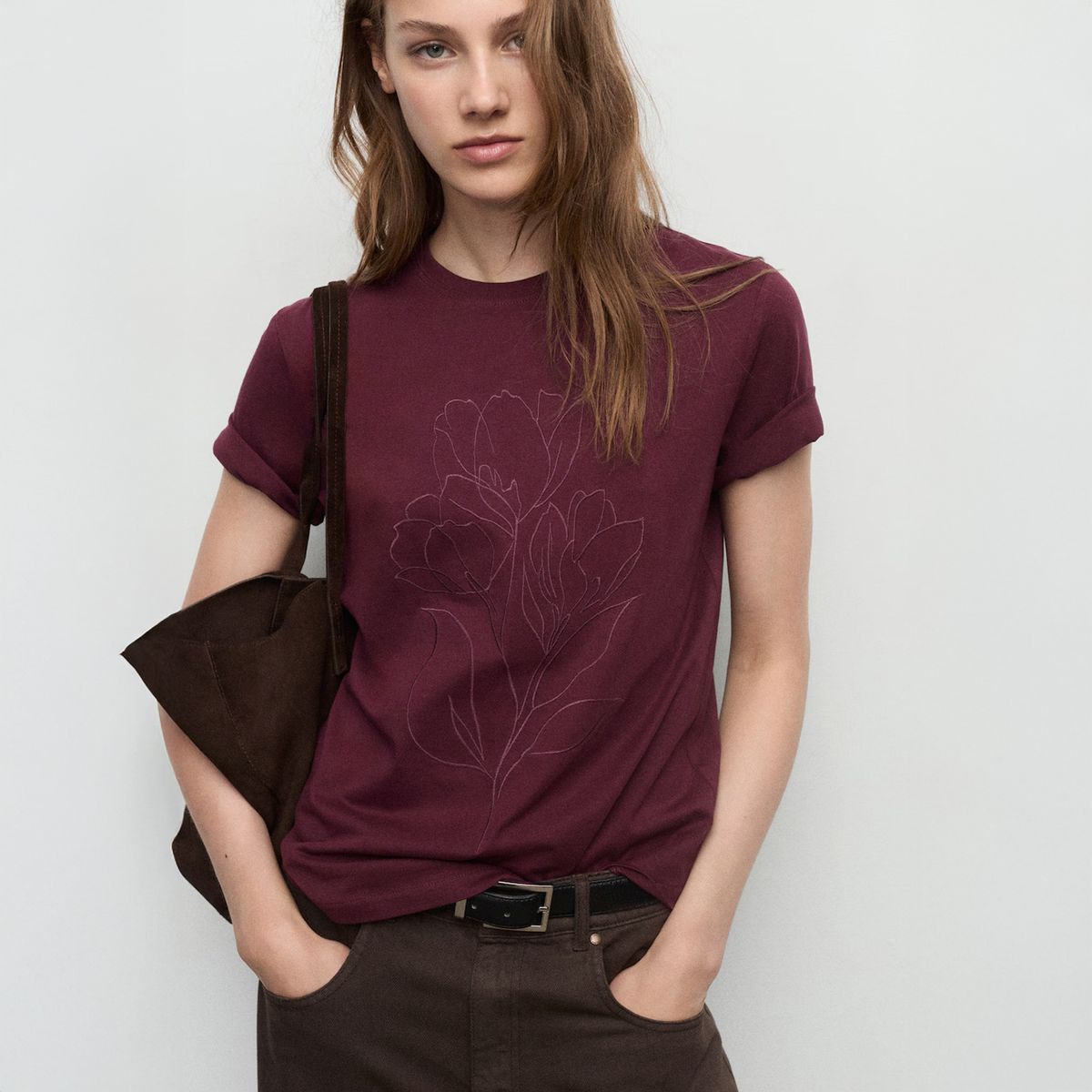 MANGO - Polera Algodón Bordado Floral Mujer Mango