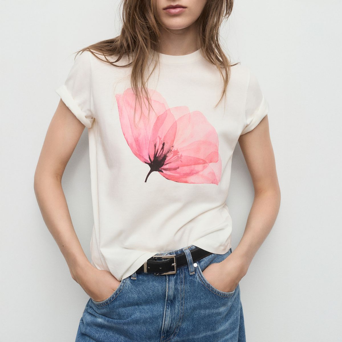 MANGO - Polera Algodón Estampado Flor Mujer Mango