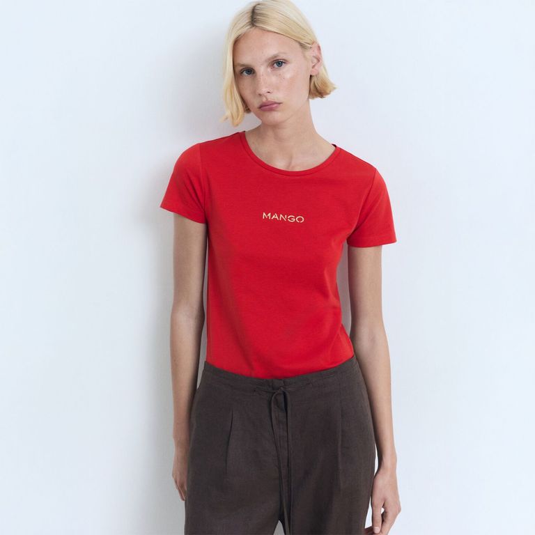 MANGO Polera Algodón Logo Mujer