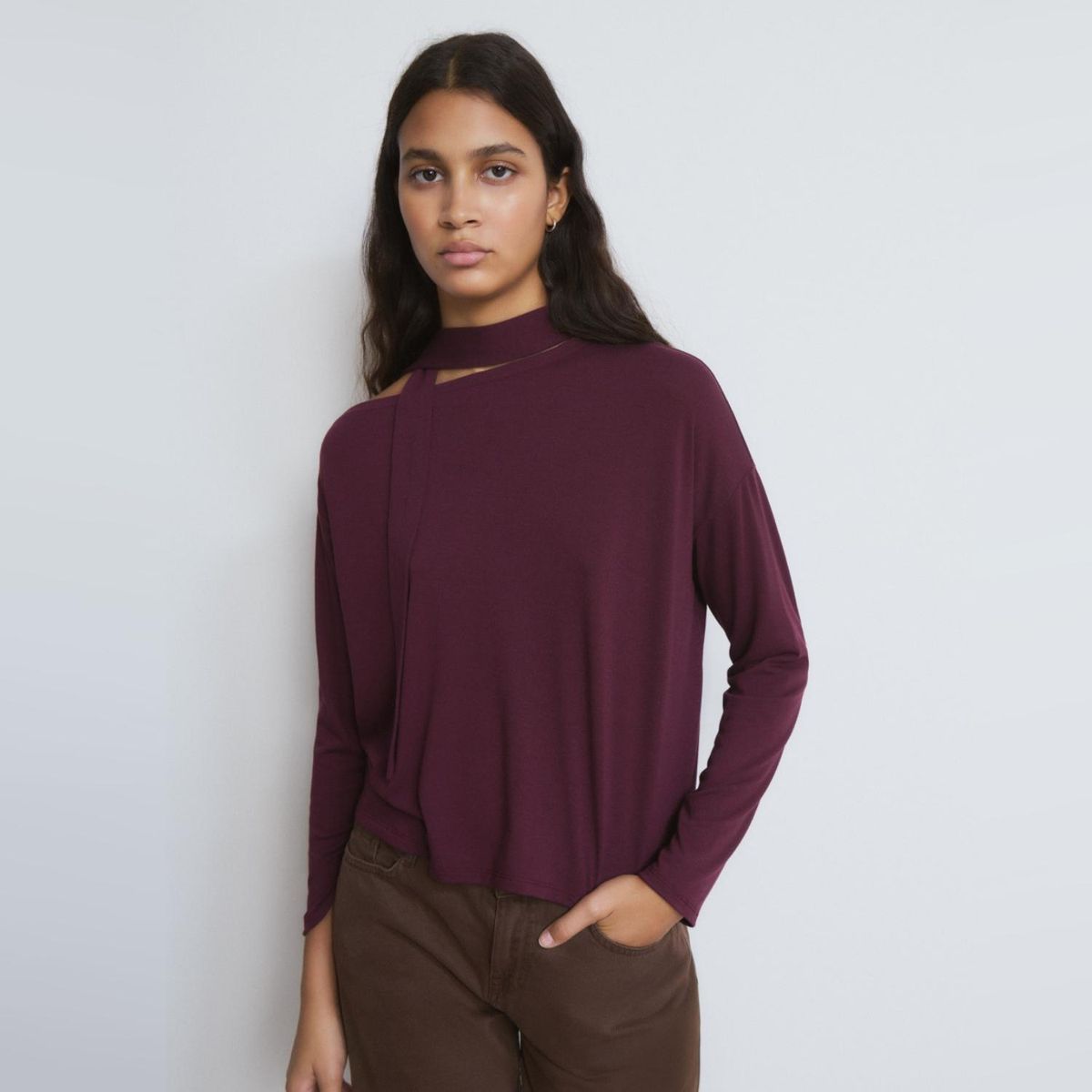 BROWNIE - Polera Manga Larga Asimetrica Bufanda Mujer Brownie