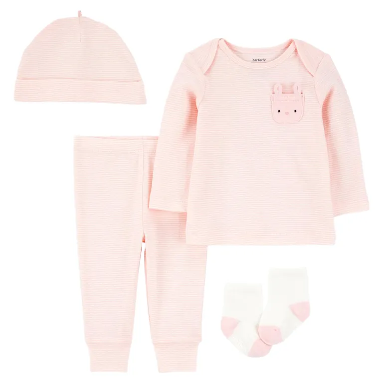 Conjunto 4 Piezas Polera, Pantalón, Gorro Y Calcetines Bebé Niña