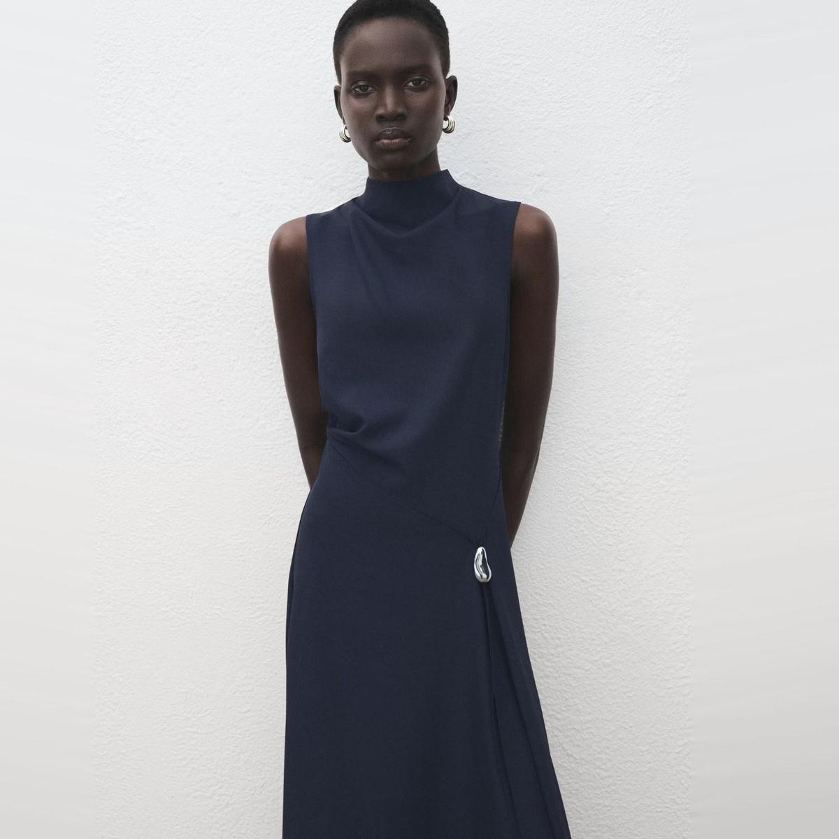 MANGO - Vestido Evasé Adorno Metálico Mujer Mango