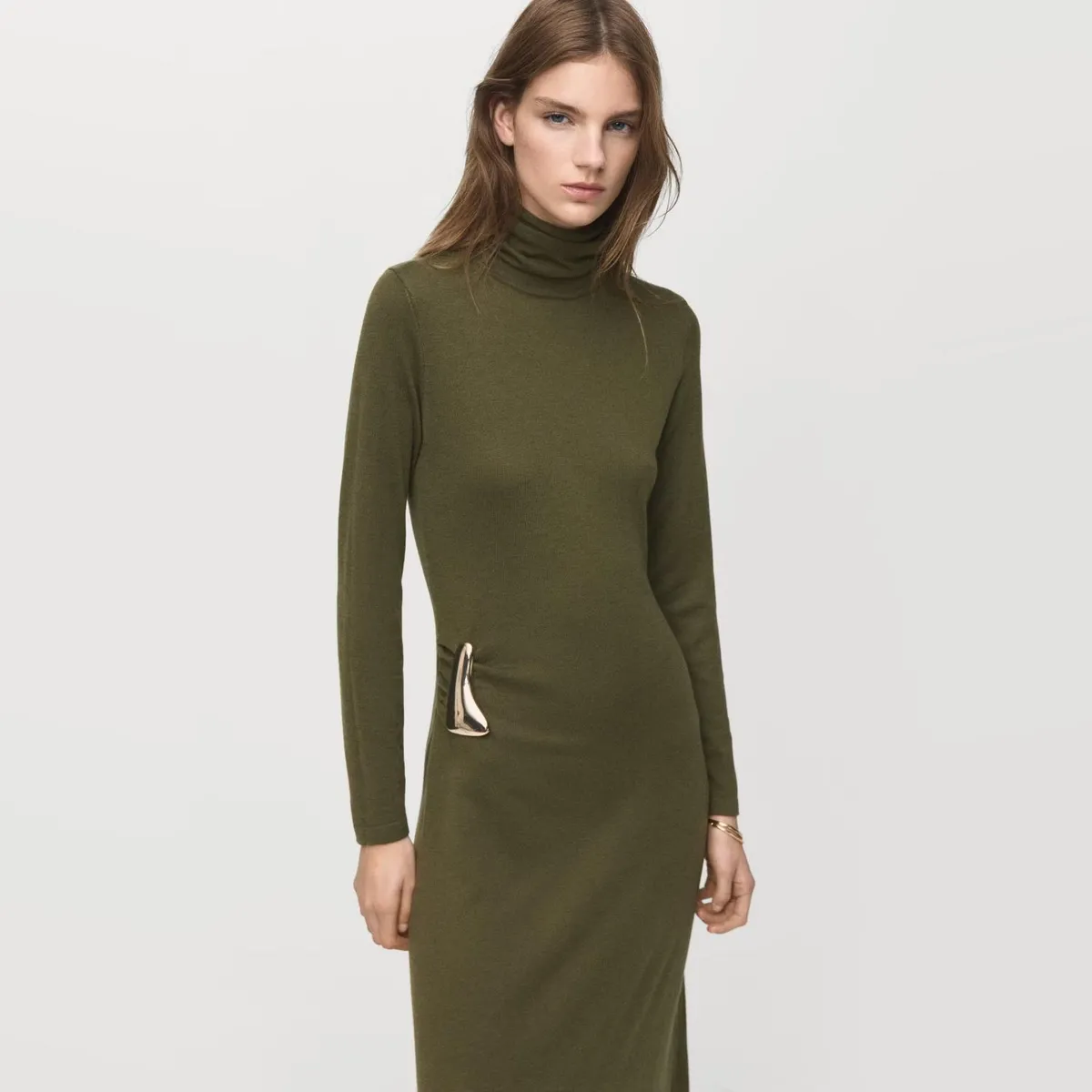MANGO - Vestido Punto Cuello Alto Broche Mujer Mango